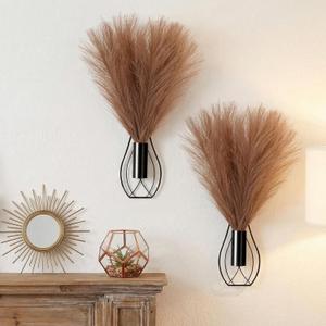 Otoolling 2 Pieces Hanging Plant Wall Decor with Artificial Pampas Grass Metal Hanging Vase Modern Geometric Farmhouse Bohemian Wall Art for Living Room Bedroom Kitchen Office(Black, Light Brown)