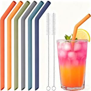 NiHome 6-Pack Wide Reusable Bent Silicone Straws for Smoothies, Milkshake & Juice, 0.425" Eco-Friendly Bent Straws for Thick Drinks, Child-Safe, Customizable Length, 2 Brushes (Deep Rainbow)