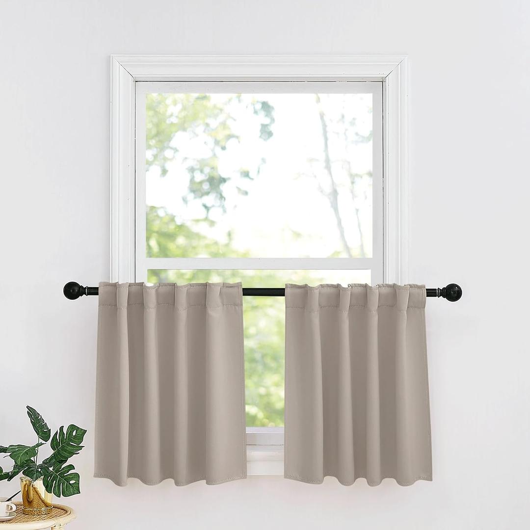 RYB HOME Kitchen Window Curtains - Blackout Privacy Half Window Curtains for Bedroom Bathroom Dining Living Room Cafe Office Short Tiers Drapes, W 34 x L 36 inches, 2 Panels, Sand