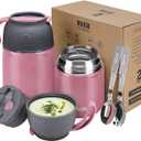 MAXSO Pack of 2 Soup Thermo for Hot & Cold Food for Kids Adults, Vacuum Insulated Food Jar Thermal Lunch Containers, Travel Food Flask with Spoon (24 oz,17 oz) (Pink)