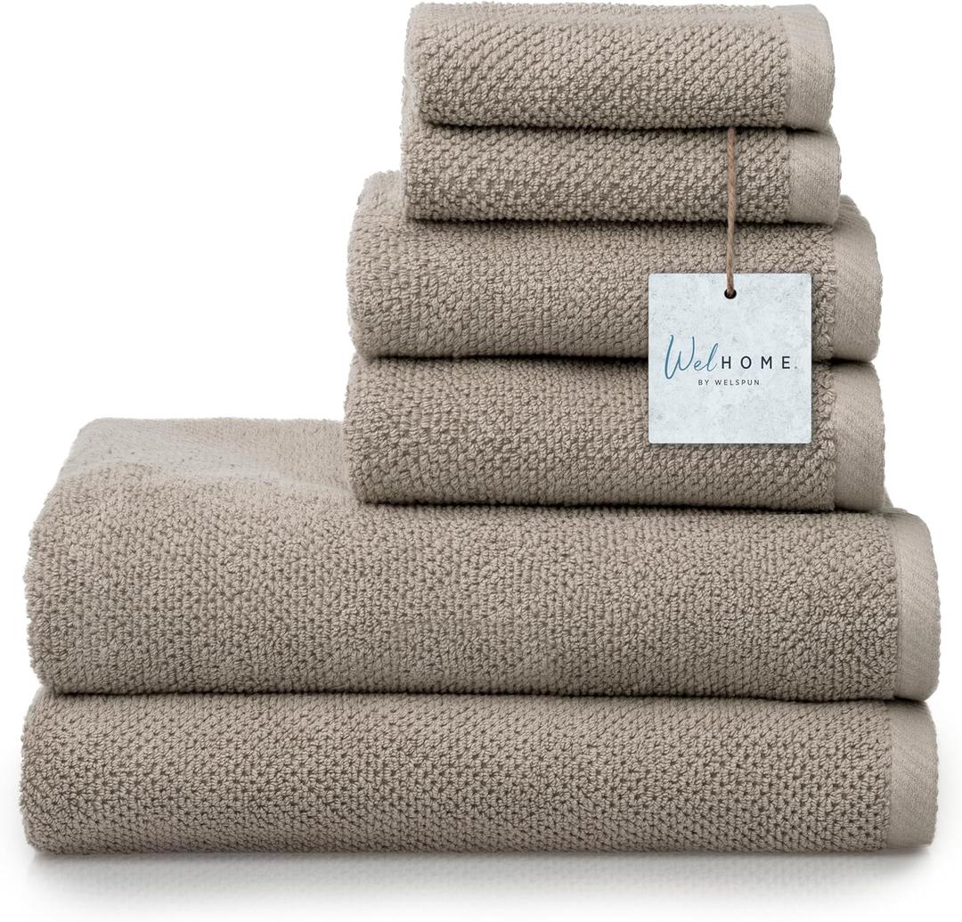 Welhome Franklin 100% Cotton Popcorn Textured Towel Set - 6 Piece 600 GSM, Soft & Plush, 2 Bath Towels, 2 Hand Towels, 2 Washcloths, Taupe (Flax)