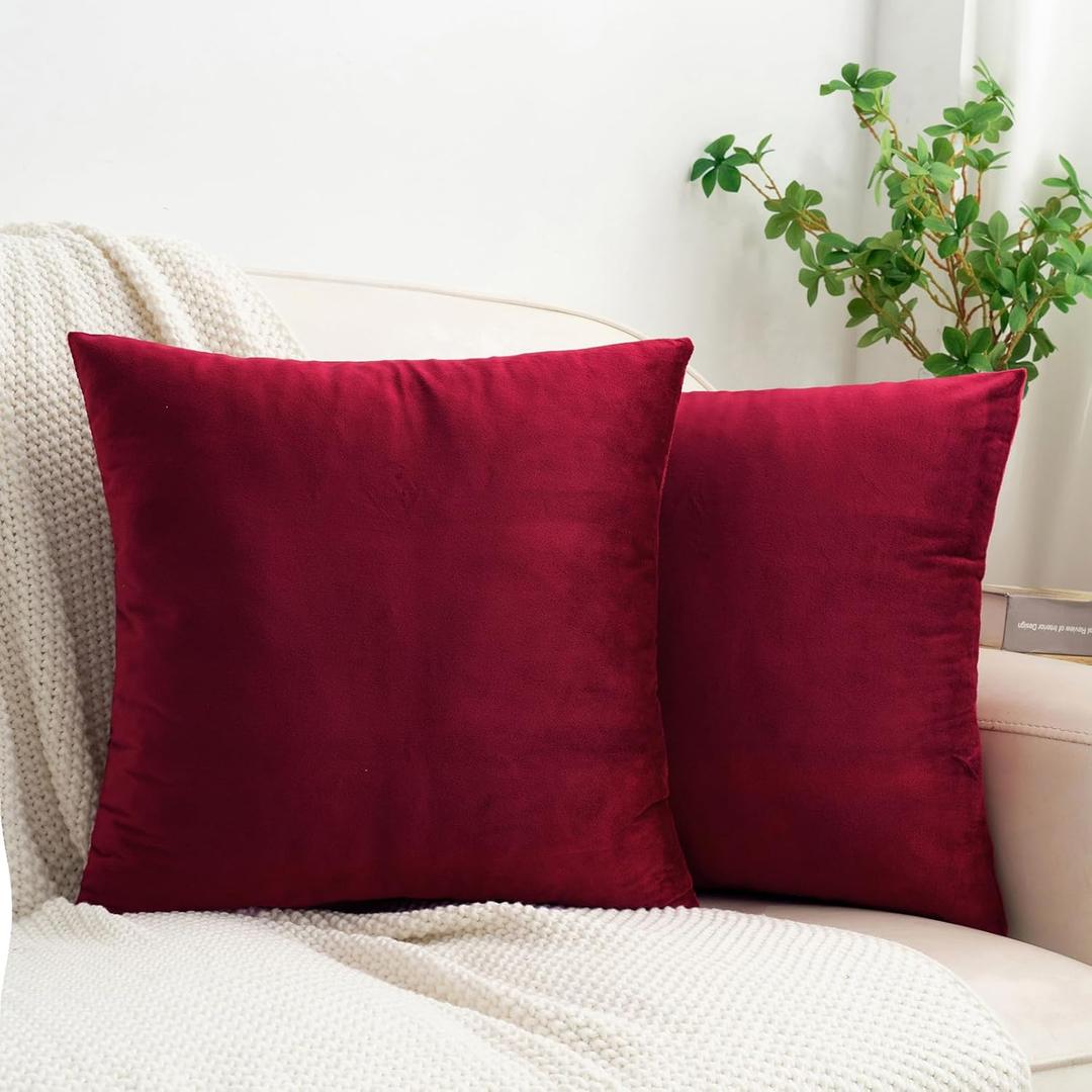 HWY 50 Burgundy Red Velvet Throw Pillow Covers 20x20 Inch, Pack of 2 Soft Cozy Solid Decorative Luxury Cushion Cases for Couch Sofa Bed Living Room Bedroom