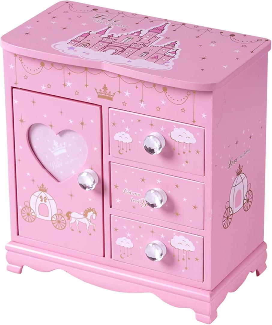 Girls Kids Jewelry Box,Princess Cute Wooden Jewelry Box with Drawer & Mirror, Organizer Display for Necklace Rings Bracelets Earrings,Pink Castle