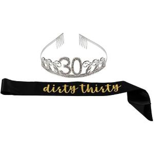 Blue Panda Happy Birthday Tiara and Sash Set - Rhinestone Queen Tiara with Dirty Thirty Satin Sash Decoration for 30th Birthday