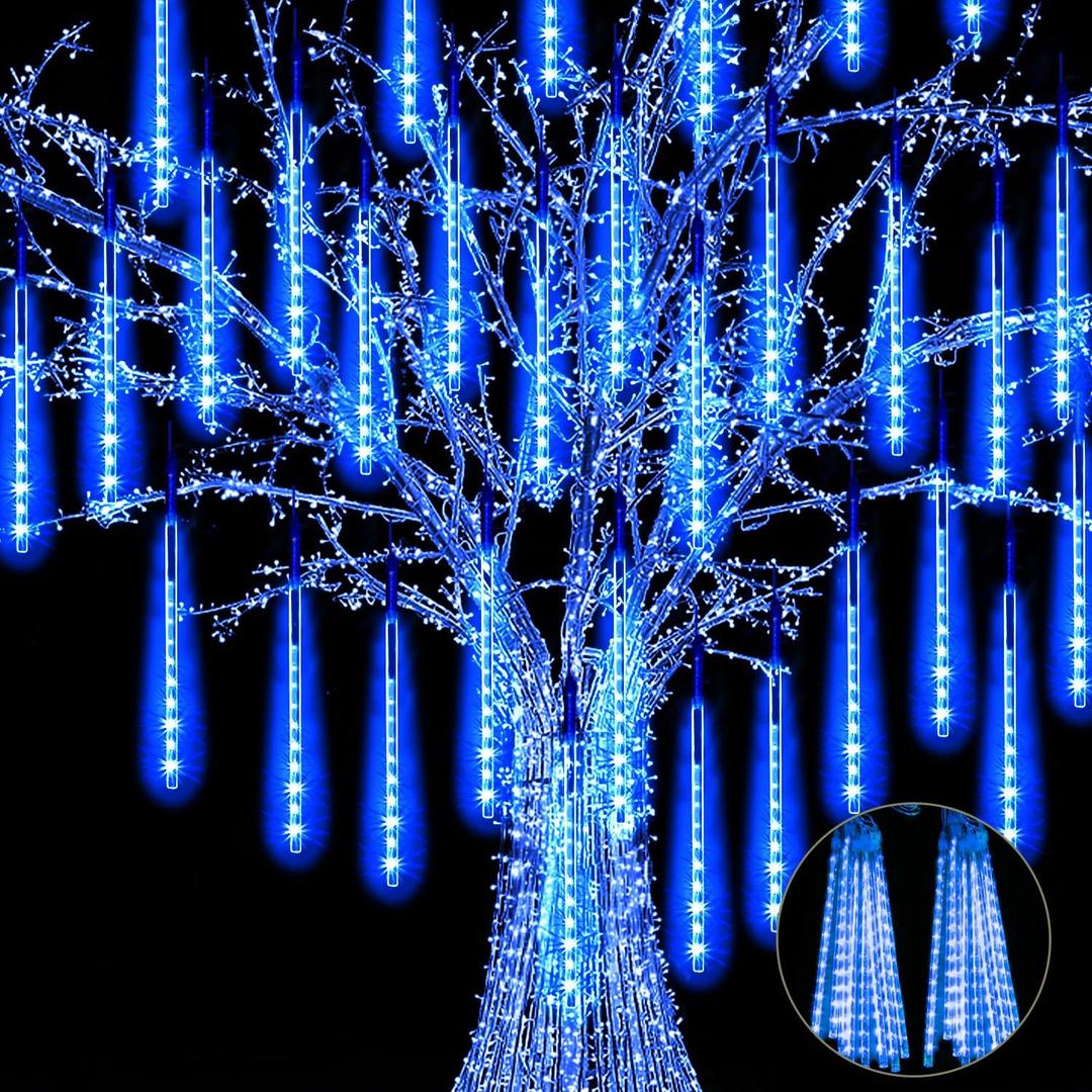 JJGoo 2 Pack Christmas Lights Meteor Shower Rain Lights 20inch, Totally 20 Tube 720 LEDs Icicle Light Outdoor Raindrop Light for Xmas Halloween Wedding Party Tree Holiday Decoration,Blue