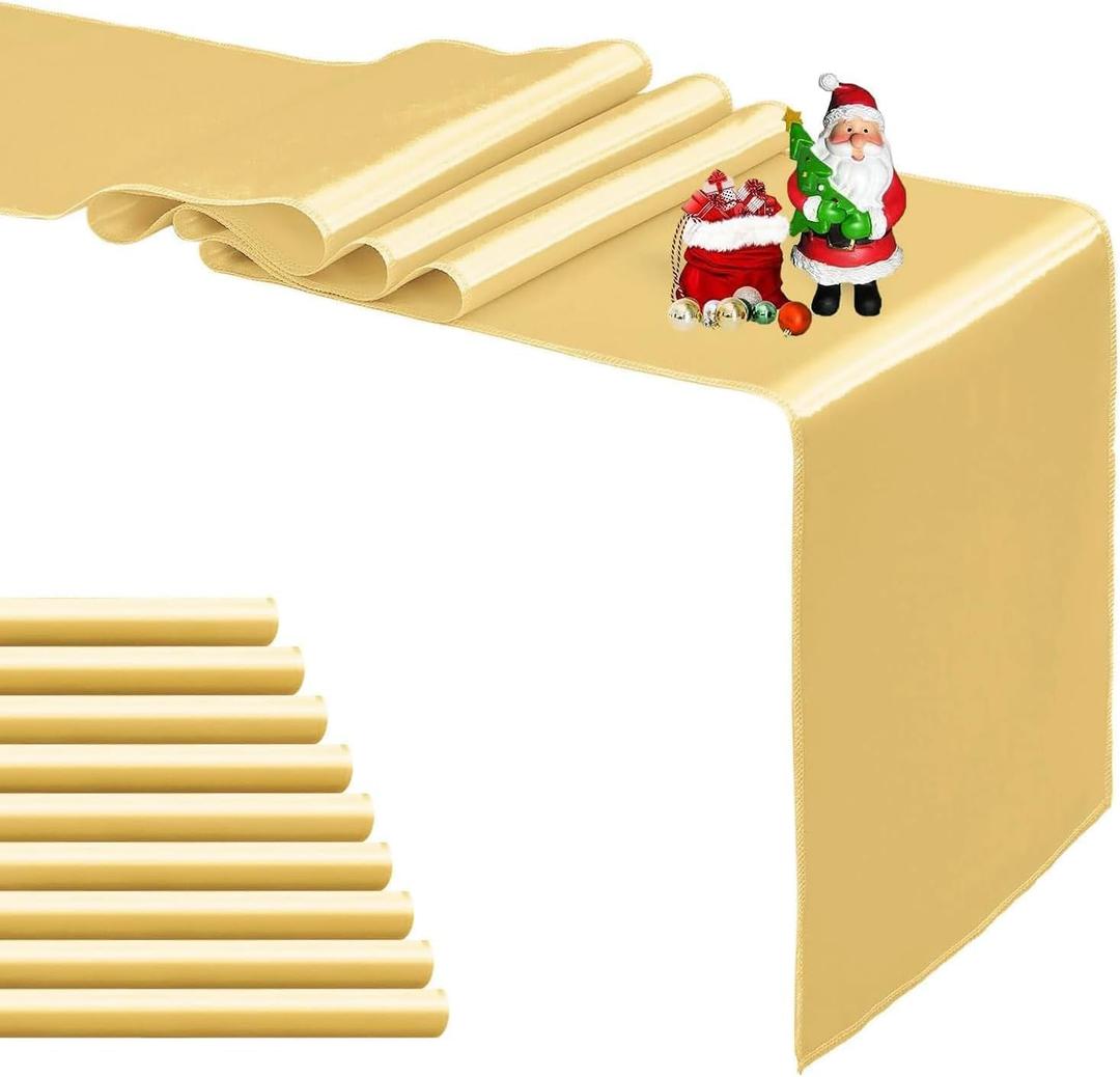 10-Pack Light Gold Satin Table Runner 12 x 108 Inch Long Bright and Smooth Silk Fabric Table Runner for Wedding Banquet Birthday Party Decoration