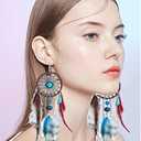 Punk Vintage Long Tassel Feather Beads Drop Wolf Tooth Pendant Earring Fish Hook Earrings Suitable to Wear At All Times