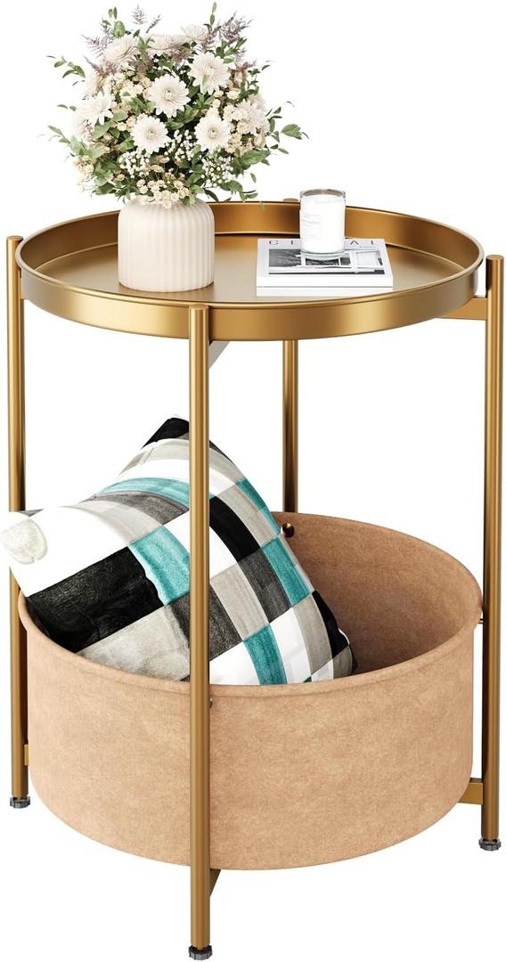Gold Side Table, Champagne Gold End Table, Small Gold Side Table, Round Kids Nightstand with Basket, Accent Table for Living Room, Bedroom, Nursery