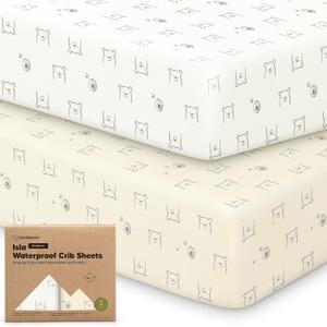 2-Pack Waterproof Baby Crib Sheets for Boys, Girls - 52x28 Viscose Derived from Bamboo Toddler Bed Sheet Neutral, Fitted Crib Mattress Protector Cover for Baby Bedding, Soft & Gentle (Bumble Bear)