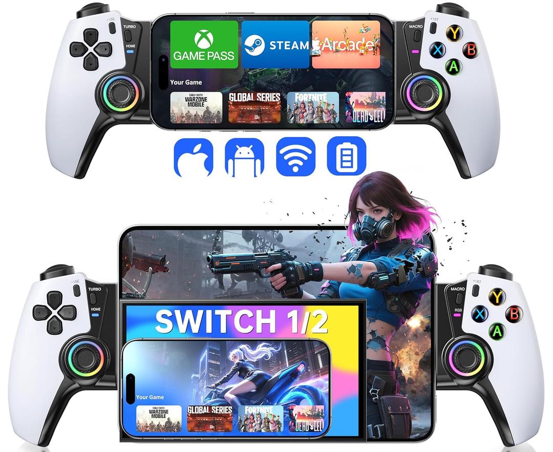 Mobile Gaming Controller for iPhone 15/16 Series/Android/Switch 2/Switch/OLED/iPad Mini, Wireless Phone Controller with Hall Joysticks/Hall Triggers/LED, Support Xbox Cloud, Steam Link, Call of Duty