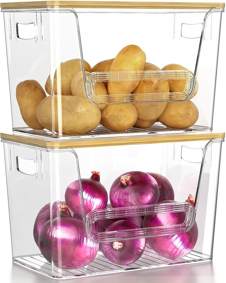 MUDEELA 2 Set Pantry Organizers and Storage, Bag Dispenser with Bamboo Top, Bag Holder Under Sink Organizer for Onion, Potato, Fruit, Produce, Vegetable, Clear (11-7/32"L*7" W*7-1/8"H)