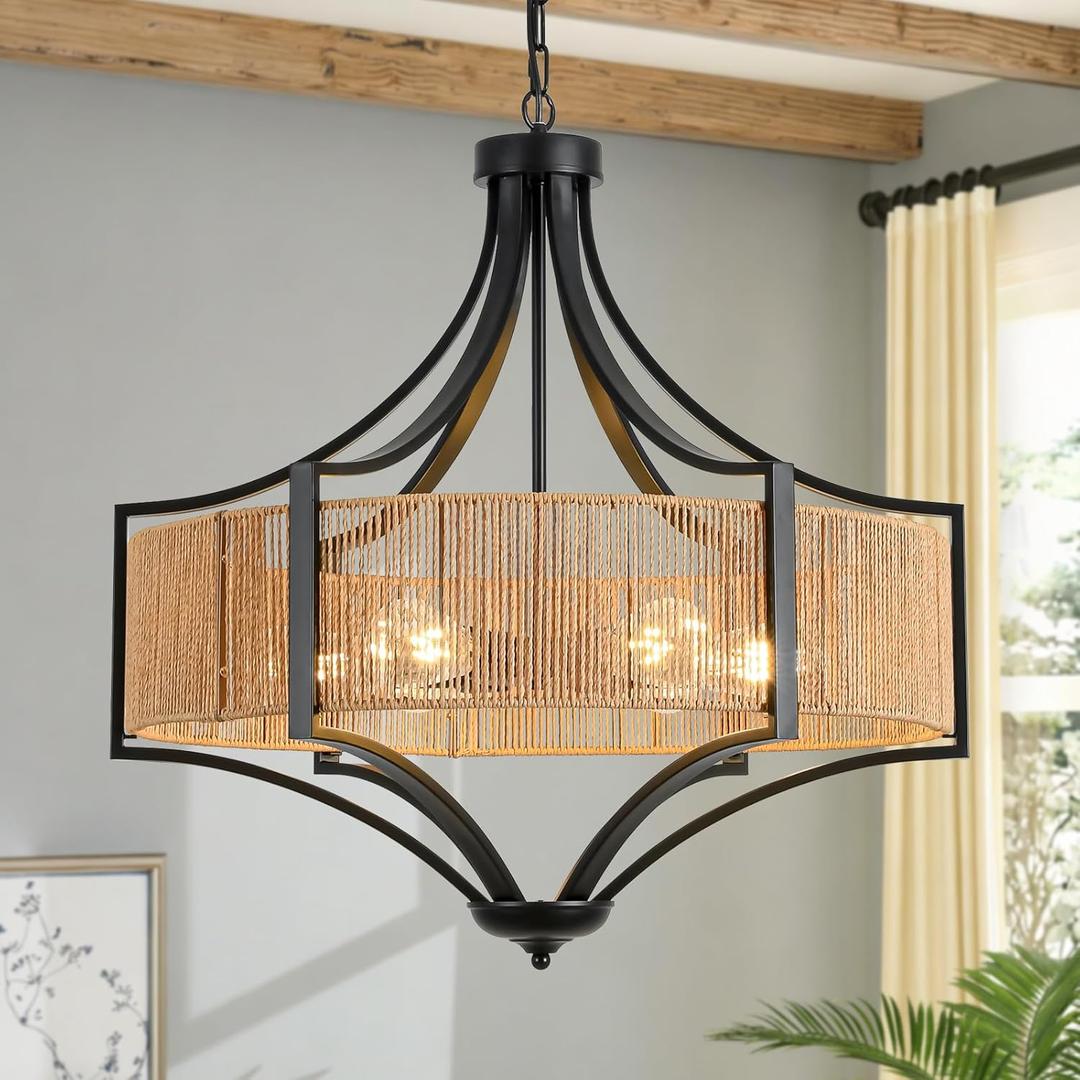 25.6" Rattan Farmhouse Chandelier Teardrop Light Fixtures, 6-Light Rustic Rattan Pendant Lighting with Straight Woven Shade Boho Black Hanging Light for Dining Room Living Room Kitchen Island Bedroom