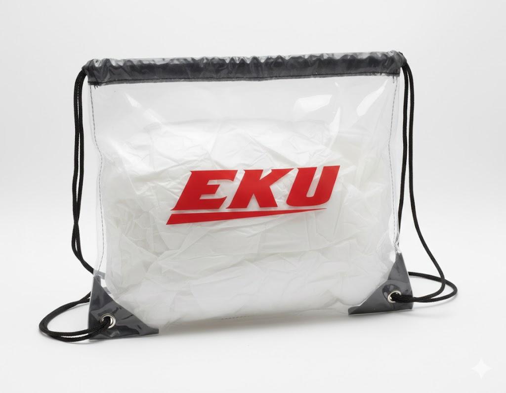 10 clear drawstring bags, red logo, black straps