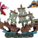 UNEAK - Shipwreck Aquarium Decorations Pirate Ship Ornament w/Sail (2 Pieces) 5 Gallons and Larger Fish Tank, Sunken Ship Decoration Ornaments, Decorative Resin Boat for Freshwater Saltwater Decor, 10" x 7.1"