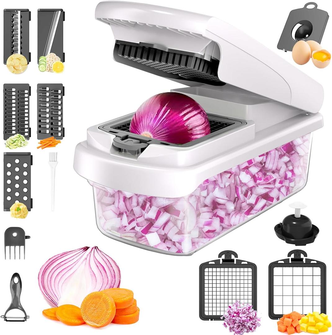 JAYVAR Vegetable Chopper for Mandoline Slicer, 15-In-1 Veggie Choppers, Cheese Grater, Onion Cutter with Container, Kitchen Gadgets Essentials, Vegetable Dicer, Onion Mincer Tomato Slicer (White)