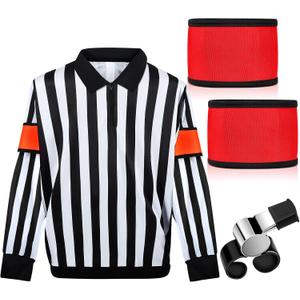 Hicarer Ice Hockey Long Sleeve Striped Referee Shirt Men's Official Referee Costume Orange Red Armbands Finger Grip Whistle S