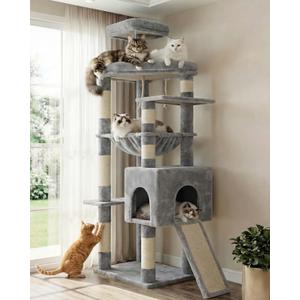 Heybly Heavy Duty Cat Tree, 64.2-Inch Tall Tower for Large Indoor Cats with Widened Structure, Cat Furniture with Big Platforms, Extra-Large Hammock, Sisal Scratching Posts & Board, Light Gray HCT027W