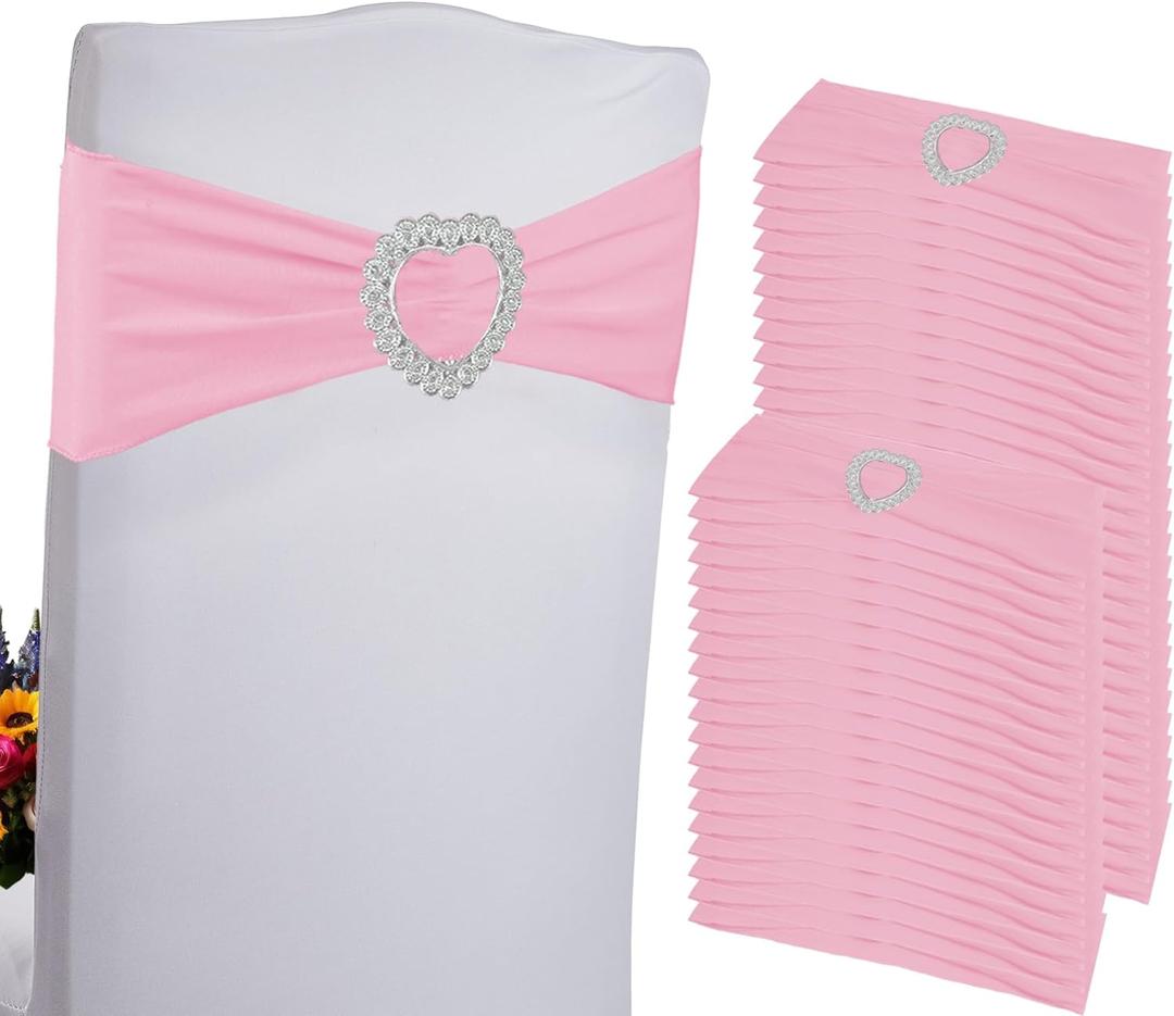 100PCS Spandex Stretch Chair Sashes Bows Universal Elastic Chair Cover Bands Ties with Buckle Slider for Wedding Party Birthday Reception Events Banquet Decoration, Pink