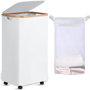 efluky Laundry Basket with Wheels, Tall Rolling Laundry Hamper with Lid and Removable Bag, Aesthetic Dirty Clothes Hamper on Wheels for Laundry Room, Bedroom, Dorm and Bathroom, 100L White