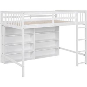 Full Size Loft Bed with 8 Open Storage Shelves and Built-in Ladder,Bedroom Solid Wood Bed Frame w/Full-Length Guardrails & Easy to Assemble, For Kid Adult Boy Girl Teen, White