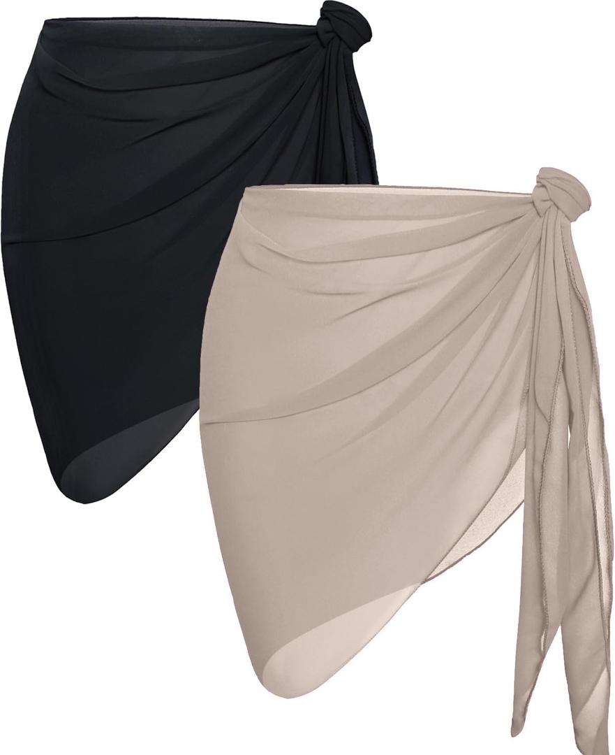 CHICGAL 2 Pieces Women Beach Sarong Bathing Suit Wrap Skirt Sheer Bikini Swimsuit Cover Ups for Swimwear (Black & Light Khaki)