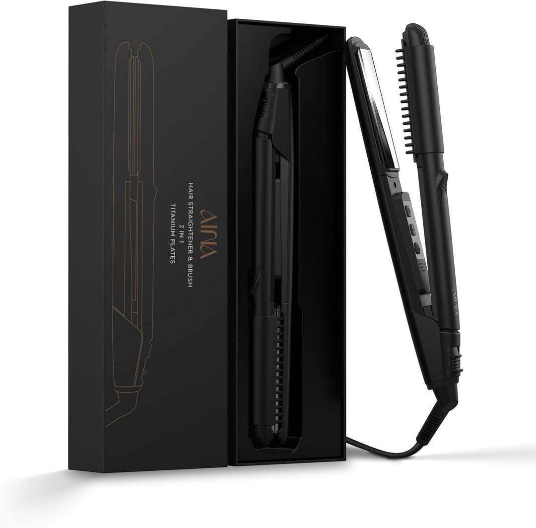 AINA Hair Straightener Comb, Flat Iron with Comb | Titanium Iron 450F | Dual Voltage Hair Straightening | Curling 2 in1 | Resolve Tangled | frizz Free (Vader Black)