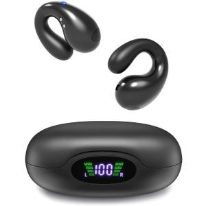 Open Ear Clip Headphones, Bluetooth 5.3 Wireless Headphones Built-in Mic with Charging Case LED Display Sports Earphones 30 Hours Playtime Bluetooth Earbuds with Earhooks for Workout (Black)