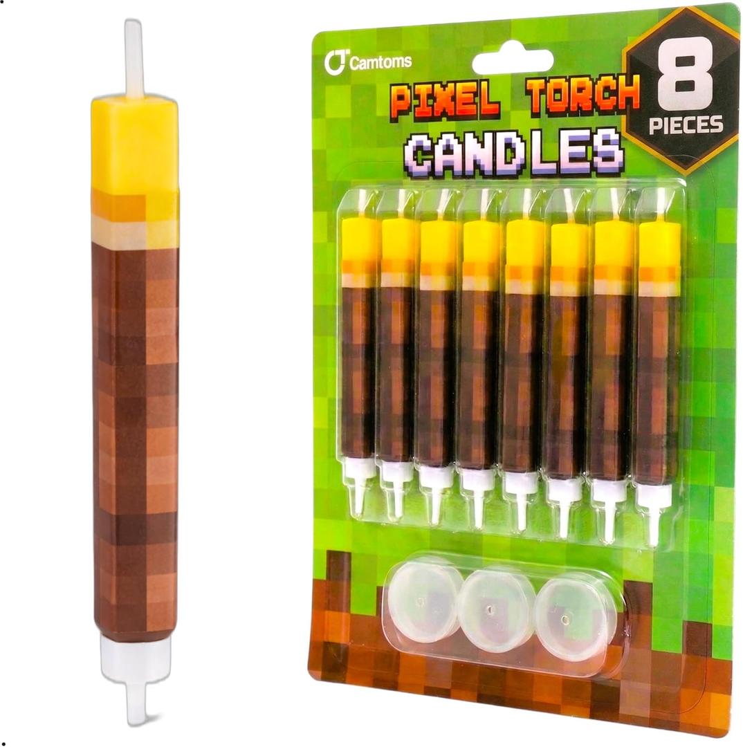 Pixel Torch Birthday Candles (8 Pack) - Large 3-Inch Wax Cake Toppers for Video Game Party Decorations - Novelty Gaming Themed Candle Set for Boys Level Up Celebration