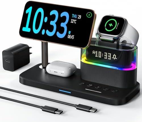 5 in 1 Wireless Charging Station for Apple,Mag-Safe Charger with Alarm Clock Night Light for Multiple Devices,Nightstand Charging Station for iPhone 17/16/15/14/13/12,Apple Watch Series,Air-Pods, Black 