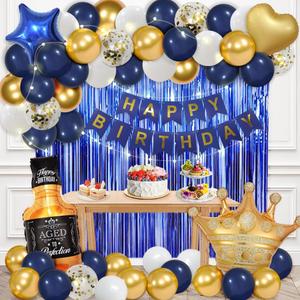 Navy Blue Birthday Decorations for Men with Happy Bithday Banner, Curtains, Bottle, Crown, Heart Star Balloons and LED light for Birthday Party Supplies(Navy-blue)