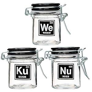 Airtight Glass Herb Stash Jar Set of 3 - Weed, Nugs, and Kush, 1.5oz, 2.5 Inches