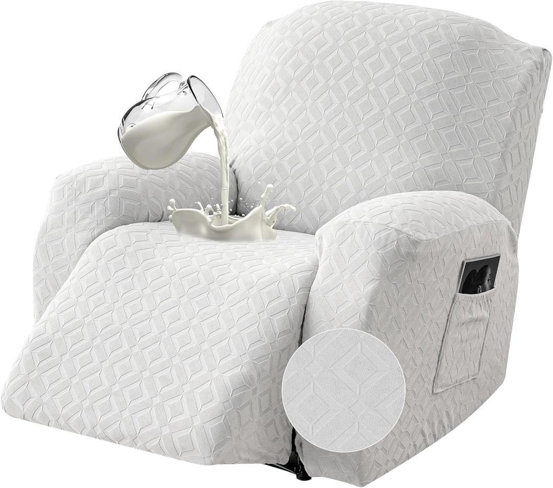 Gennia Waterproof Recliner Chair Cover,Stretch Reclining Sofa Covers with Pockets,Washable Lazy Boy Recliner Slipcovers,Leakproof Couch Protector for Kids, Pets, Dog and Cat (1 Seat, Ivory-White)