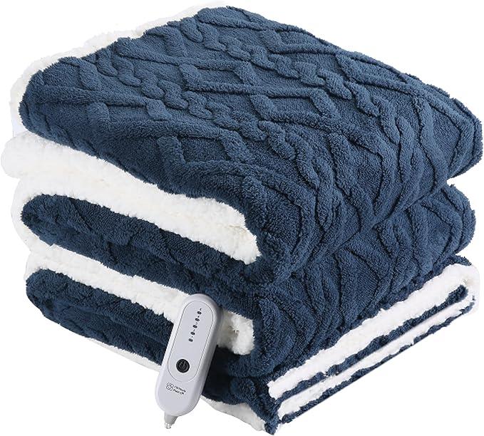 Heating Blanket Twin Size Extra-Thick and Warm Electric Blanket with 10 Hour Auto Off & 5 Heating Levels, 3D Pattern Design and Overheating Protection, Navy Blue