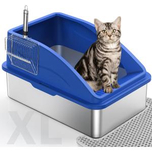 Stainless Steel Cat Litter Box, Extra Large Litter Boxes for Big Cats, Anti-Urine Leakage XL Box with High Sides, XLarge Metal Litter Box with Lid, Easy Clean, Non-Sticky, Cat Mat & Metal Scoop (Silver Navy)