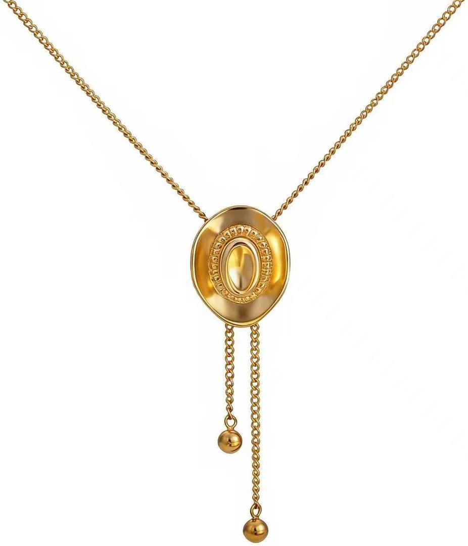 Western Cowgirl Hat Necklace for Women, Adjustable Long Chain Y Necklaces Trendy Cowboy PendantBolo Tie Country Jewelry Accessories Gifts (Gold)