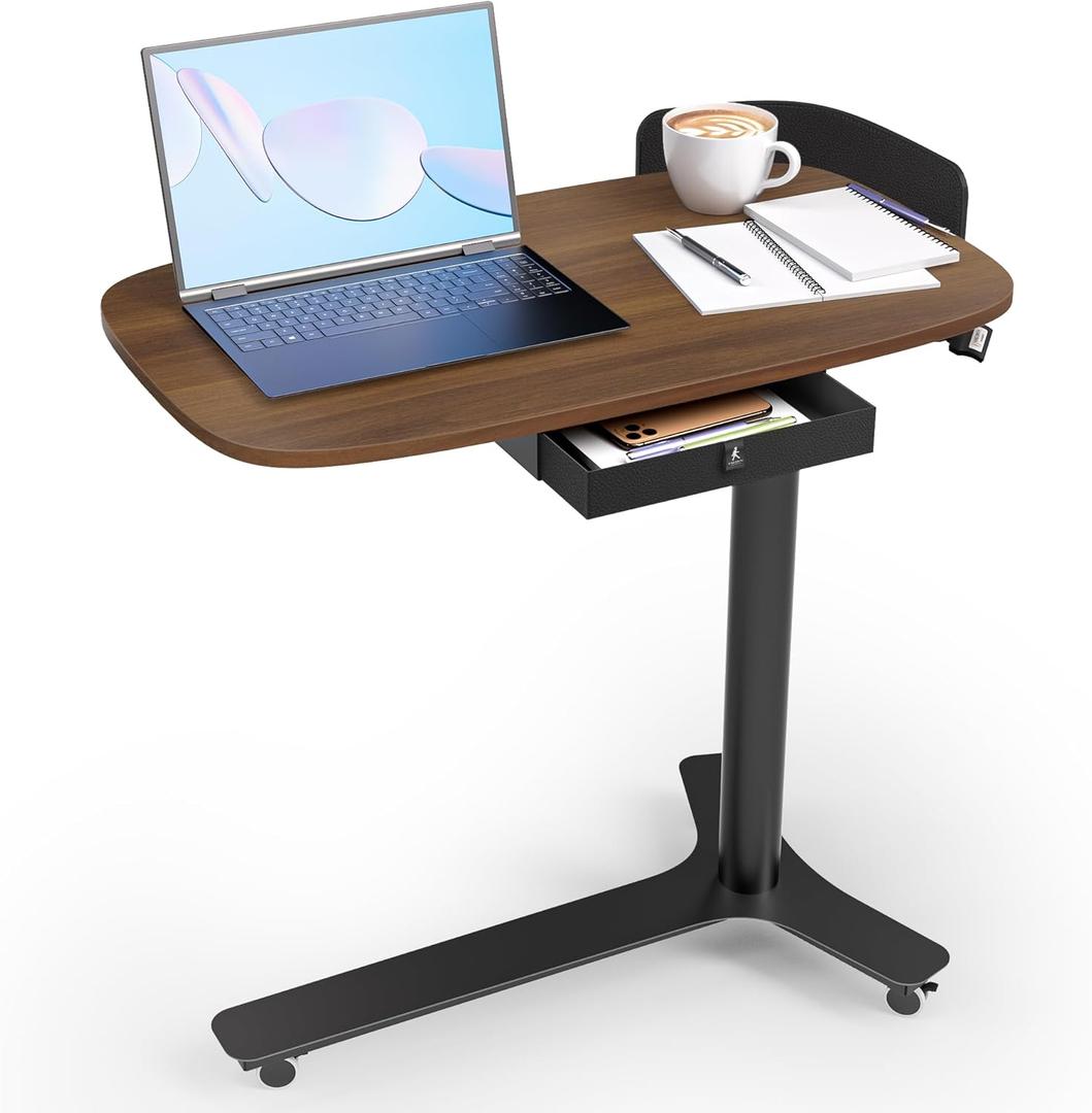 Rolling Adjustable Height Desk with Drawer and Wheels, Portable Small Standing Desk Pneumatic for Home Office, Mobile Computer Laptop Desk Cart, Medical Sofa Overbed Table, Black Walnut (30x18 in)