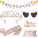 JaGely 5 Pcs Rose Gold Sweet 16 Birthday Decorations Include Sweet 16 Crown Tiara and Sash, Heart Sunglasses, Glitter Happy Banner and Cake Topper for 16th Birthday Party Accessories Supplies