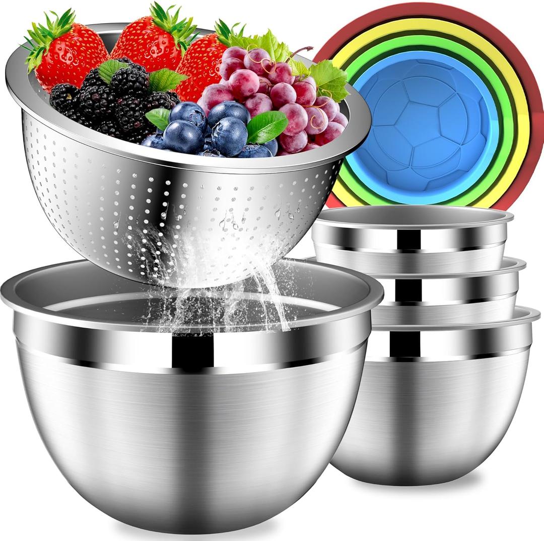 Mixing Bowls with Strainer, Mixing Bowl with Lids Set, Stainless Steel Mixing Bowls, Kitchen Gadgets Salad Bowls with Strainer for Mixing & Preping & Serving, Multicolor