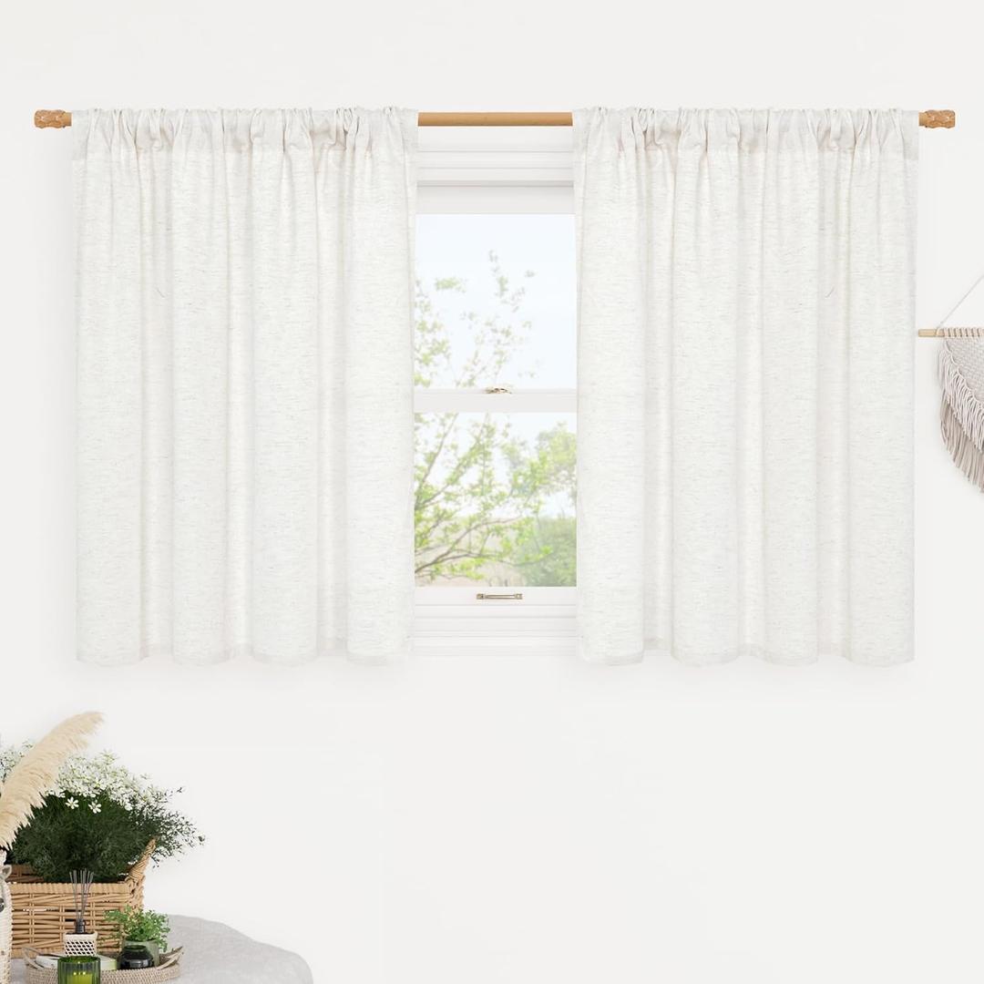 LAMIT 36 Inch Length Short Ivory White Linen Curtains for Kitchen, Faux Linen Textured Light Filtering Drapes Rod Pocket Boho Privacy Panels for Camper/Small Windows/Farmhouse, 2 Panels, 42 x 36 Inch