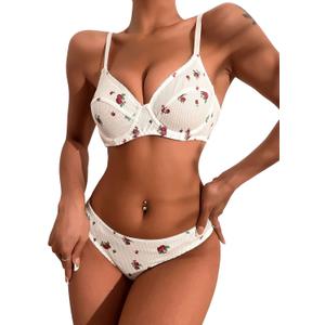 SweatyRocks Women's Print Triangle Bra and Panty 2 Piece Lingerie Set (Large, Floral White Red)