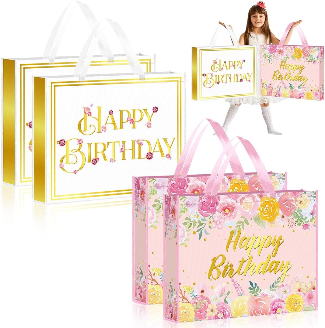 Kajaia 4 Pcs Extra Large Birthday Gift Bags 20 x 16 Inch Jumbo Floral Gift Bag Large Tote with Handles Reusable Non Woven for Women Birthday Baby Shower Party Favor Supplies