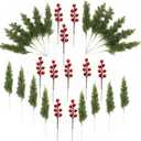 Youshe 20 Pcs Christmas Artificial Pine Branches with 10 Pcs Red Berry Stems, 10" Faux Green Cedar Sprigs Branches, Greenery Pine Needles DIY Cedar Picks for Christmas Garland Wreath Decoration