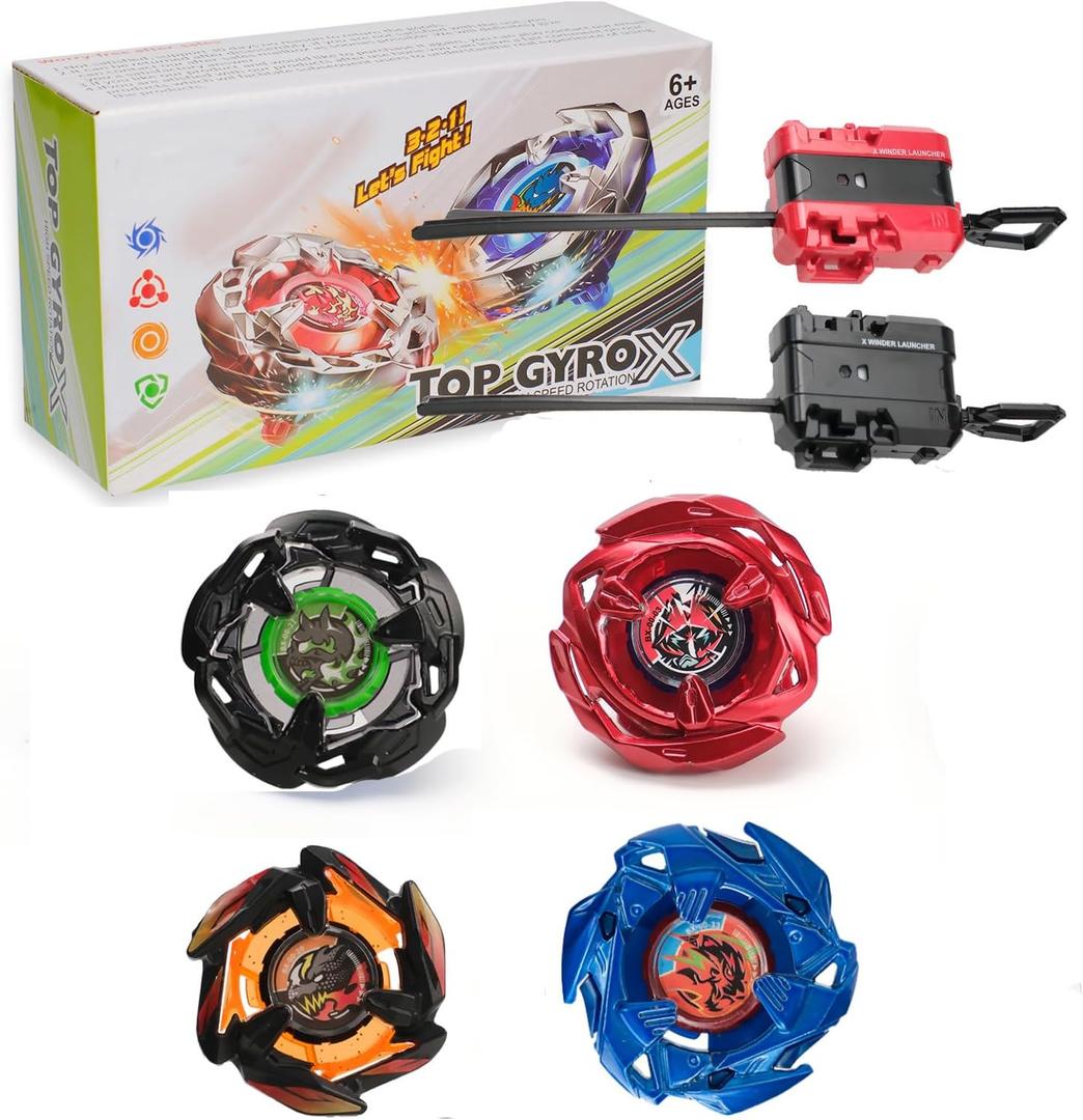 DEZAWRTY Gyro X Set, 4 Right-Spin X Tops and 2 Launchers, Newly Upgraded Top Appearance, Battle Game Perfect for Beginners