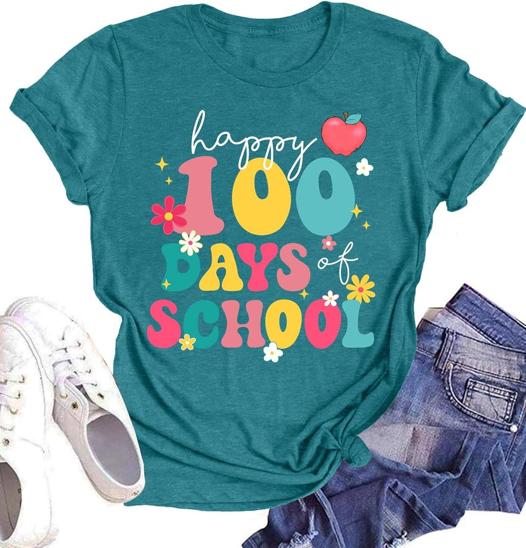 Women's Happy 100 Days of Shcool Shirts Funny Teacher Graphic Shirt Teach Life Gifts Tees Tops (Small, Cyan1)