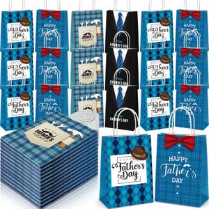 Saypacck 100 Pcs Fathers Day Gift Bags with Handle Bulk Blue Reusable Kraft Paper Tote Goodie Candy Package Shopping Present Wrap Bag for Happy Father Dad Grandpa Men Birthday Party Supplies (Classic)
