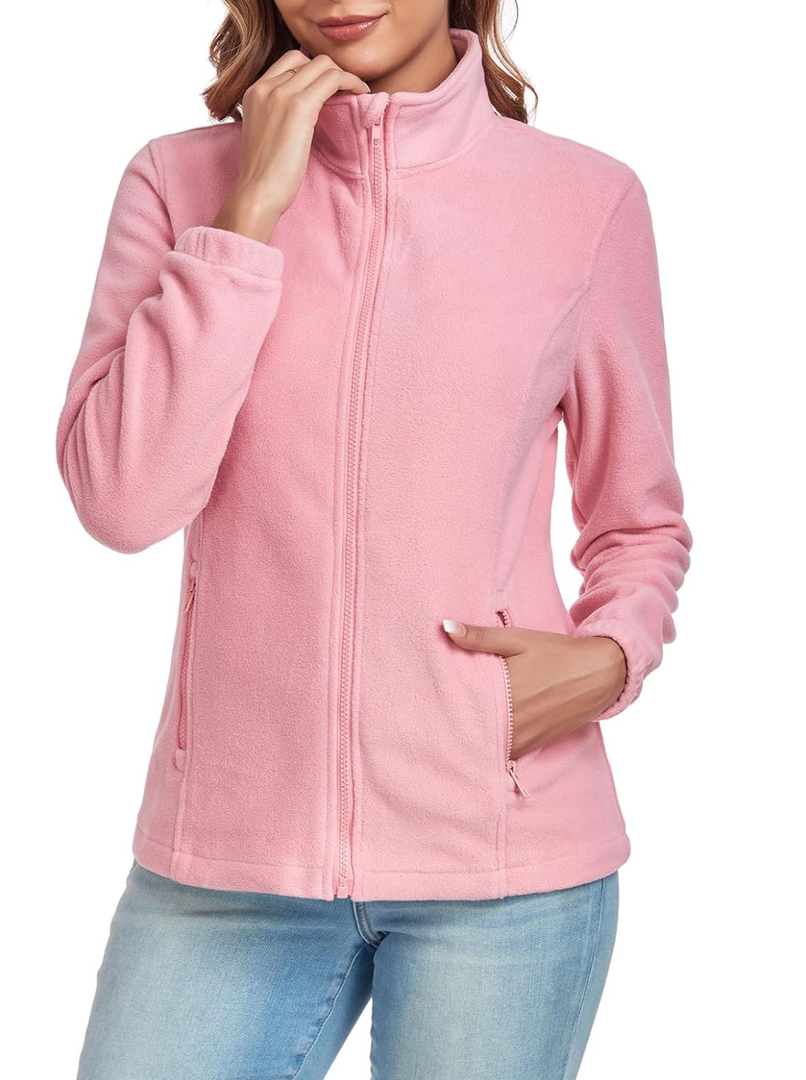 Women's Full Zip up Fleece Jackets Stand Collar Long Sleeve Sherpa Fuzzy Warm Jacket with Pocket, L