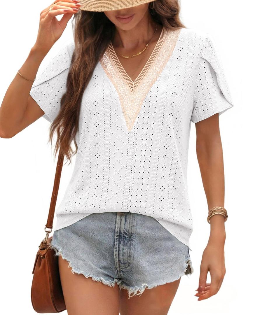 siliteelon Womens Blouses Boho Lace V Neck Short Sleeve Eyelet Shirts Summer Dressy Casual Beach Vacation Tops White Small (S)