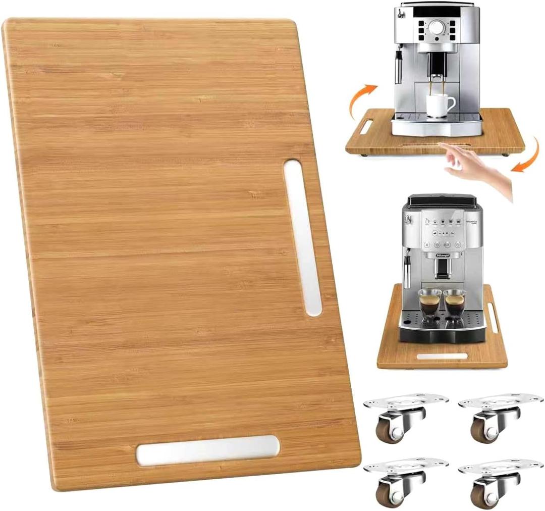 Joy&Grace Appliance Slider for Kitchen Appliances 360° Rolling Sliding Tray for Coffee Maker Countertop, Bamboo Coffee Pot Slider Rolling Tray with Universal Rollers (Natural, Medium 14.5" x 10")
