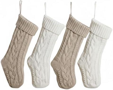 ELEGANTPARK Christmas Stockings 4 Pack Knitted Flaxen White Christmas Stockings Large Xmas Decoration for Holiday Fireplace Hanging Holiday Decoration for Family Kids Xmas 18 Inch