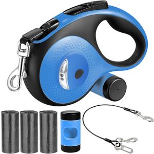 26Ft Retractable Dog Leash - for Dog Up to 110lbs, Tangle Free Walking Leash with Chew Proof Cable | LED Light | Dispenser | Poop Bags, Quick Lock Braking & Non-Slip Handle (Blue)